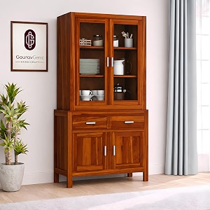 solid sheesham wood sideboard cabinet for living room  wooden crockery cabinet with 2 acrylic glass doors 2 door cabinet amp 2 drawers  kitchen display unit  honey