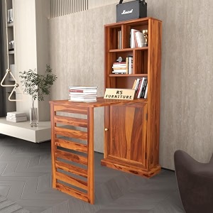 sheesham wood study table with bookshelf amp storage cabinet  space saving writing desk for home office amp study room honey finish