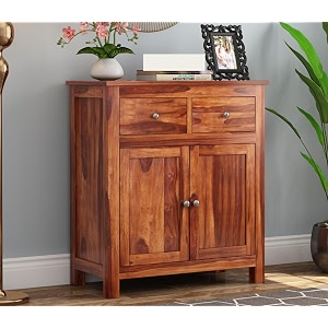 solid sheesham wood wooden sideboard storage cabinet  ideal for living room and bedroom with 2 drawers and 2-shelf storage daniel honey finish
