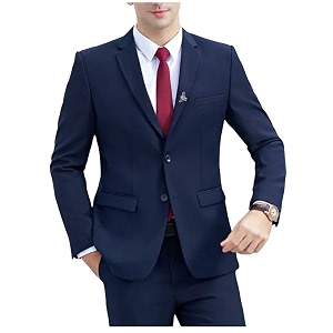 Solid Single Breasted Blazer for Men Blue