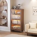 Solid Wood Bookcase 4 Tier With Tempered Glass Doors 60 Inch, Kitchen Pantry Display Cabinet, Brown Finish Cube Storage Organizer, Bookshelf Versatile Storage With For Home Office(No Light Strip)