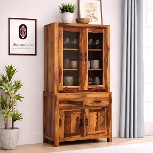 solid wood crockery cabinet with acrylic glass doors amp storage drawers for dining room kitchen amp living room  honey finish  90 x 50 x 175 cm