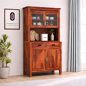 solid wood crockery cabinet with acrylic glass doors amp storage drawers for dining room kitchen amp living room  honey finish  1118 x 508 x 1829 cm