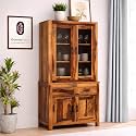 Solid Wood Crockery Cabinet with Acrylic Glass Doors &amp; Storage Drawers for Dining Room, Kitchen &amp; Living Room | Honey Finish | 90 x 50 x 175 cm