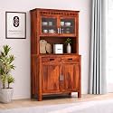 Solid Wood Crockery Cabinet with Acrylic Glass Doors &amp; Storage Drawers for Dining Room, Kitchen &amp; Living Room | Honey Finish | 111.8 x 50.8 x 182.9 cm