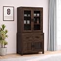 Solid Wood Crockery Cabinet with Acrylic Glass Doors &amp; Storage Drawers for Dining Room, Kitchen &amp; Living Room | Dark Walnut Finish | 90 x 50 x 175 cm