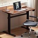 Solid Wood Electric Height Adjustable Standing Desk, Walnut Rubber Wood Home Office Sit Stand Desk with Cable Management Tray for Study Living Room 39.37" W
