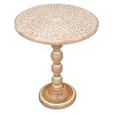 Solid Wood End Table 18x22", Hand-Carved Accent Stand, White Wash