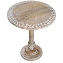 Solid Wood End Table 18x22, Whitewash Carved Rim Side Table for Bedroom