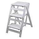 Solid Wood Folding Step Ladder Stool with Multi Layer Design Portable and Multi Functional Utility Chair Seat Non Slip Foot Cover Included(White,3 Steps)
