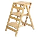Solid Wood Folding Step Ladder Stool with Multi Layer Design Portable and Multi Functional Utility Chair Seat Non Slip Foot Cover Included(Wood Color,3 Steps)