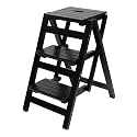 Solid Wood Folding Step Ladder Stool with Multi Layer Design Portable and Multi Functional Utility Chair Seat Non Slip Foot Cover Included(Black,3 Steps)