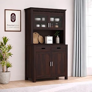 solid wood kitchen cabinet crockery unit with acrylic glass doors amp storage drawers for dining room and living room  multipurpose hutch cabinet  walnut finish 44 x 20 x 72 inch
