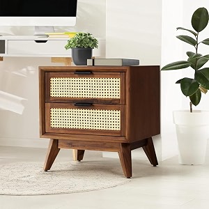 solid wood rattan nightstand with drawer mid century modern bedside table wooden side table for bedroom living room handcrafted cane furniture dark walnut finish dh -colour finish