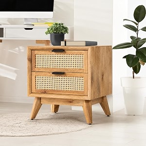 solid wood rattan nightstand with drawer mid century modern bedside table wooden side table for bedroom living room handcrafted cane furniture dark walnut finish d- natural