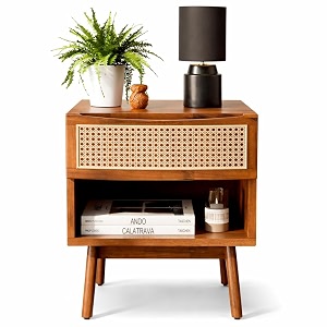 solid wood rattan nightstand with drawer mid century modern bedside table wooden side table for bedroom living room handcrafted cane furniture dark walnut finish honey finish