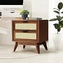 Solid Wood Rattan Nightstand with Drawer, Mid Century Modern Bedside Table, Wooden Side Table for Bedroom Living Room, Handcrafted Cane Furniture, Dark Walnut Finish (DH -Colour Finish)