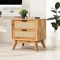 Solid Wood Rattan Nightstand with Drawer, Mid Century Modern Bedside Table, Wooden Side Table for Bedroom Living Room, Handcrafted Cane Furniture, Dark Walnut Finish (D- Natural)