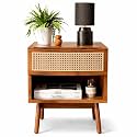 Solid Wood Rattan Nightstand with Drawer, Mid Century Modern Bedside Table, Wooden Side Table for Bedroom Living Room, Handcrafted Cane Furniture, Dark Walnut Finish (Honey Finish)