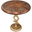Solid Wood Round End Table 18x21 with Gold Metal Base, Walnut Finish