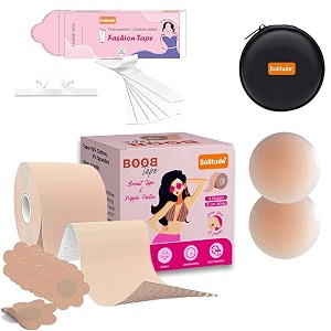 solitude boob tape kit - boob tape with 10 nipple pasties for fashion with 36 strips multipurpose double sided body tape for clothes amp 1 pair reusable nipple cover with case for women brown