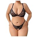 SOLY HUX Women's Plus Size Lace Sheer Deep V Neck Bra Panty Set