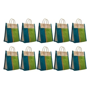 soman jute thamboolam large bags for return gifts green-blue combo - pack of 10 bags