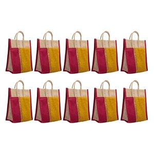 soman jute thamboolam large bags for return gifts lime yellow and hot pink combo - pack of 10 bags