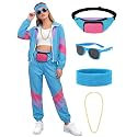 SOMSOC 7 Pieces 80s Tracksuit for Women 90s Windbreaker Sweatpants Outfit Color Block Jacket with Fanny Pack Accessories