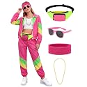 SOMSOC 7 Pieces 80s Tracksuit for Women 90s Windbreaker Sweatpants Outfit Color Block Jacket with Fanny Pack Accessories