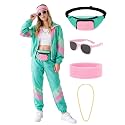 SOMSOC 7 Pieces 80s Tracksuit for Women 90s Windbreaker Sweatpants Outfit Color Block Jacket with Fanny Pack Accessories