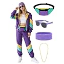 SOMSOC 7 Pieces 80s Tracksuit for Women 90s Windbreaker Sweatpants Outfit Color Block Jacket with Fanny Pack Accessories