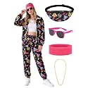 SOMSOC 7 Pieces 80s Tracksuit for Women 90s Windbreaker Sweatpants Outfit Color Block Jacket with Fanny Pack Accessories