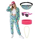 SOMSOC 7 Pieces 80s Tracksuit for Women 90s Windbreaker Sweatpants Outfit Color Block Jacket with Fanny Pack Accessories