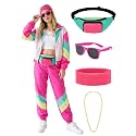 SOMSOC 7 Pieces 80s Tracksuit for Women 90s Windbreaker Sweatpants Outfit Color Block Jacket with Fanny Pack Accessories