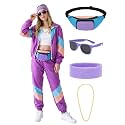 SOMSOC 7 Pieces 80s Tracksuit for Women 90s Windbreaker Sweatpants Outfit Color Block Jacket with Fanny Pack Accessories