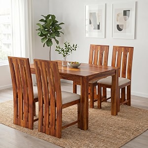 sona art amp crafts poster solid sheesham wood dining table set of 4 seater dinner dinning table with 4 cushioned chair for dining furniture for living room home hotel and office honey teak