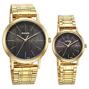 sonata alloy pairs quartz analog grey stainless steel strap for couple-ns7712787046ym01p