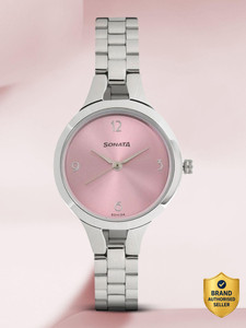 sonata np8151sm03 sonata steel daisies peach dial silver stainless steel strap analog watch  - for women