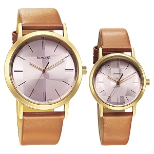 sonata pairs quartz analog multicoloured dial leather strap watch for couple-7712787046yl01p