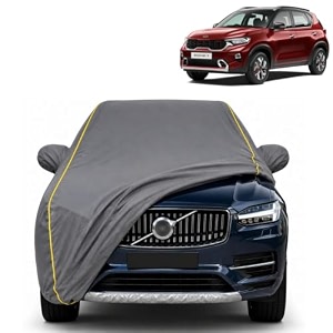 sonet 100 waterproof car cover  dustproof sun protection cover  soft cotton lining  triple stitched  mirror pocket  antenna pocket  all weather body cover grey with yellow piping