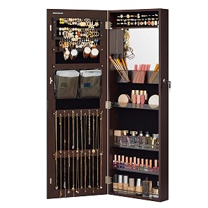 songmics glass lockable jewelry cabinet armoire wall-mounted storage organizer with full-length frameless mirror - 148 x 38 x 425 inches brown