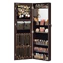 SONGMICS Glass Lockable Jewelry Cabinet Armoire, Wall-Mounted Storage Organizer with Full-Length Frameless Mirror - 14.8 x 3.8 x 42.5 Inches, Brown