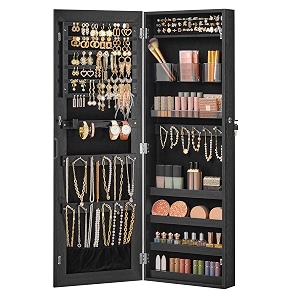 songmics mirror jewelry cabinet armoire wall or door mounted jewelry storage hanging lockable frameless with 2 plastic cosmetic organizers gift idea black ujjc001b01