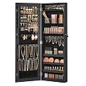SONGMICS Mirror Jewelry Cabinet Armoire, Wall or Door Mounted Jewelry Storage, Hanging Lockable Frameless with 2 Plastic Cosmetic Organizers, Gift Idea, Black UJJC001B01