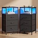 SONGMICS Nightstand with Charging Station, 3 Fabric Drawers