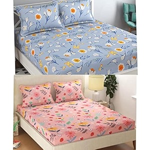 combo collection pack of 2 double bedsheet with 4 pillow covers  155 tc soft brushed glace cotton -long lasting amp wrinkle free bedsheet for double bed pattern- e