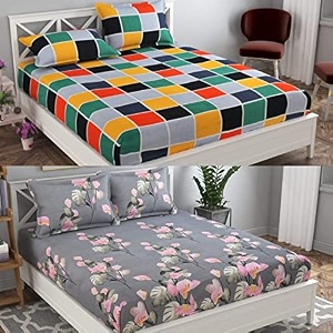 combo collection pack of 2 double bedsheet with 4 pillow covers  155 tc soft brushed glace cotton -long lasting amp wrinkle free bedsheet for double bed multicolor-ee