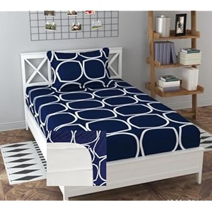 soniasaa prime collection cotton-mix fitted single bedsheet with 1 pillow cover for single bed with all around elastic 238 tc size - 72x36x6 fit upto 6 inches mattress color blue circle