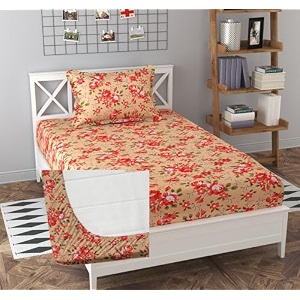 soniasaa prime collection cotton-mix fitted single bedsheet with 1 pillow cover for single bed with all around elastic 238 tc size - 72x36x6 fit upto 6 inches mattress color peach
